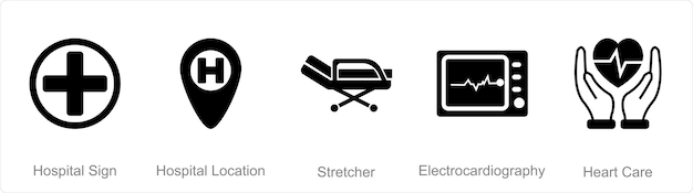 A set of 5 mix icons as hospital sign hospital location stretcher