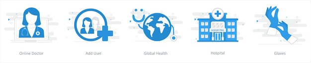 Vector a set of 5 mix icons as online doctor add user global health