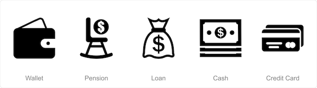 A set of 5 mix icons as wallet pension loan