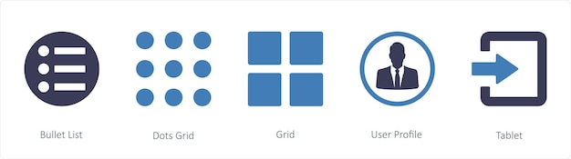 A set of 5 mix icons such as bullet list dots grid