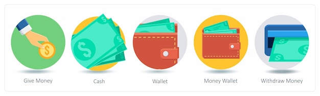 A set of 5 Shopping icons as give money cash wallet