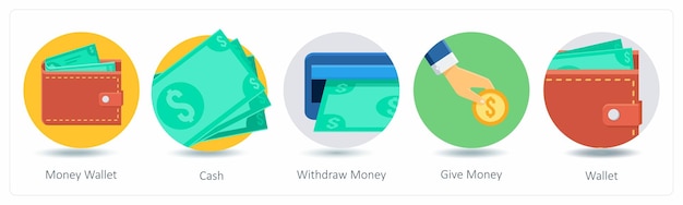 A set of 5 Shopping icons as money wallet cash withdraw money