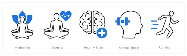 A set of 5 Sports and Fitness icons as meditation exercise healthy brain