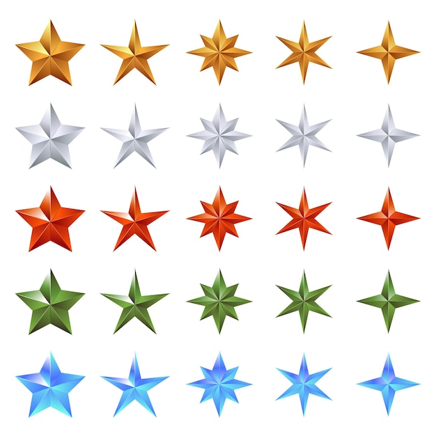 Set of 5 stars in different bright colors isolated on white background