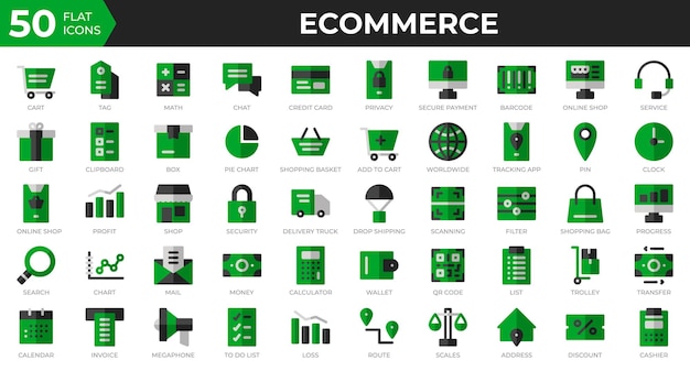 Set of 50 Ecommerce web icons in flat style Credit card profit invoice Flat icons collection Vector illustration