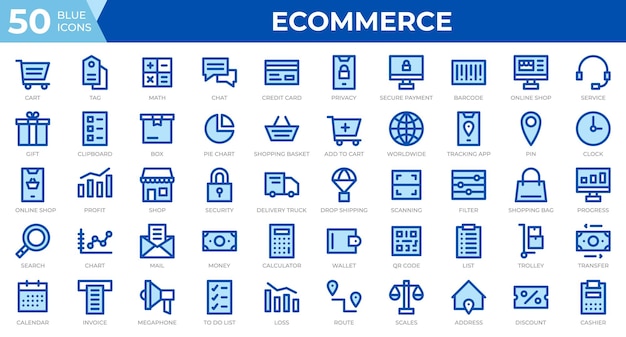 Set of 50 Ecommerce web icons in line blue style Credit card profit invoice Outline icons collection Vector illustration