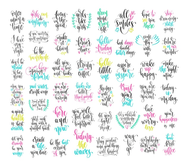 Vector set of 50 hand lettering positive quote motivation and inspiration phrases design