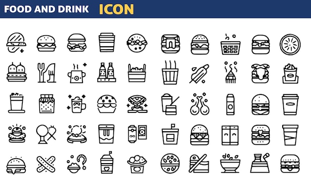 Set of 50 outline icons related to food and drink Linear icon collection Editable stroke Vector