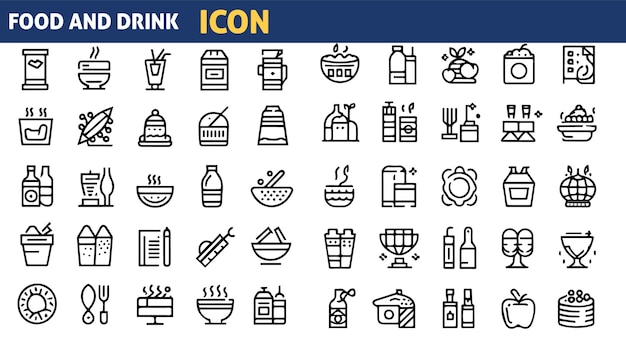 Set of 50 outline icons related to food and drink Linear icon collection Editable stroke Vector