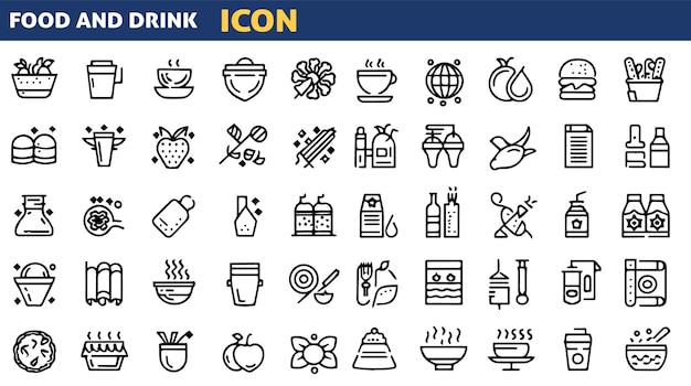 Set of 50 outline icons related to food and drink Linear icon collection Editable stroke Vector