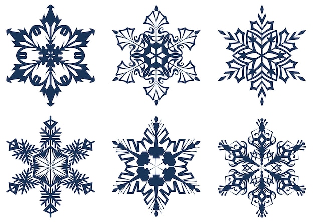 Set of 6 blue snowflakes. Isolated on white 