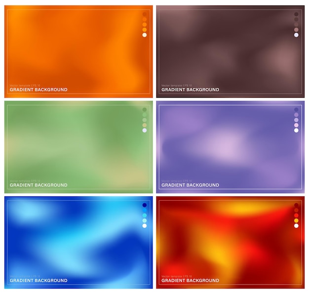 Set of 6 colorful abstract backgrounds with blurred gradients. Fluid wallpapers with color palettes