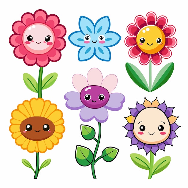 Set of 6 cute cartoon flowers with smiling faces