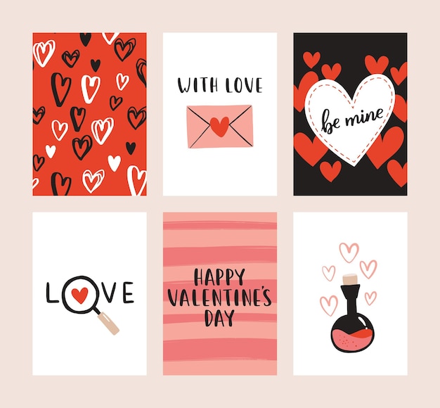 Set of 6 cute readytouse gift romantic postcards Gifts hearts cups and hand drawn lettering Vector printable collection of Valentine's Day doodle card invitation poster