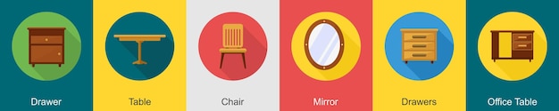 Vector a set of 6 furniture icons as drawer table chair