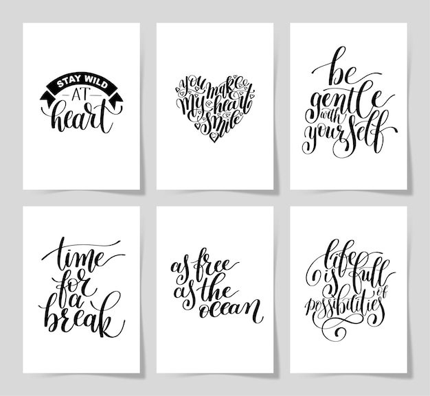 Set of 6 hand written lettering positive inspirational quote posters about life A4 format modern