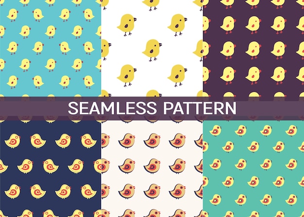 Set of 6 Seamless pattern with cartoon birds and chicks Easter greeting cards