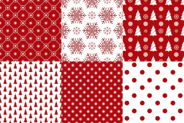 Set of 6 Xmas seamless pattern red and white colors. 