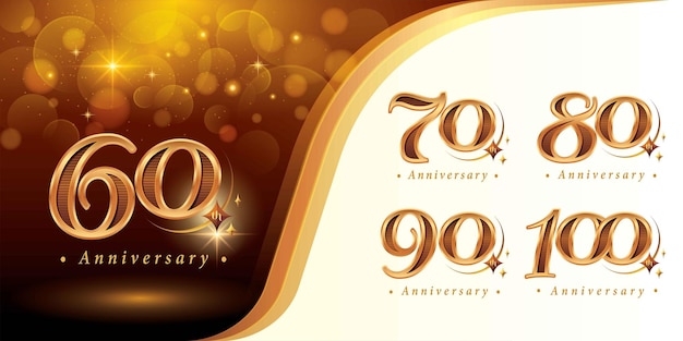 Set of 60 to 100 years Anniversary logo design Sixty to Hundred years Luxury Golden Logo with Star