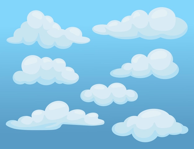 Set of 7 different clouds on a blue background