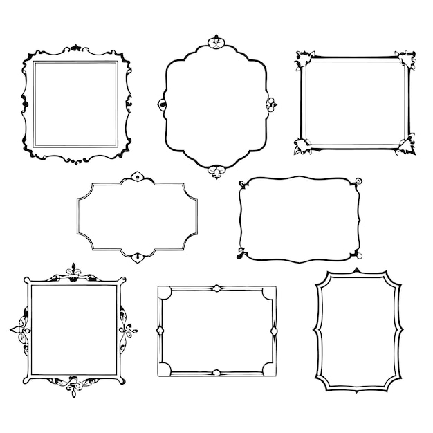 Vector a set of 7 ornate black and white frames isolated on a white background