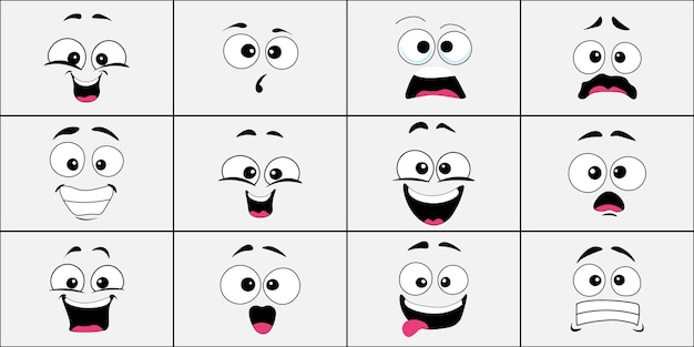 Set of 70s groovy comic vector Collection of cartoon character faces with different emotions