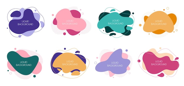 Set of 8 abstract graphic liquid and fluid flat elements Dynamical waves colored fluid shapes