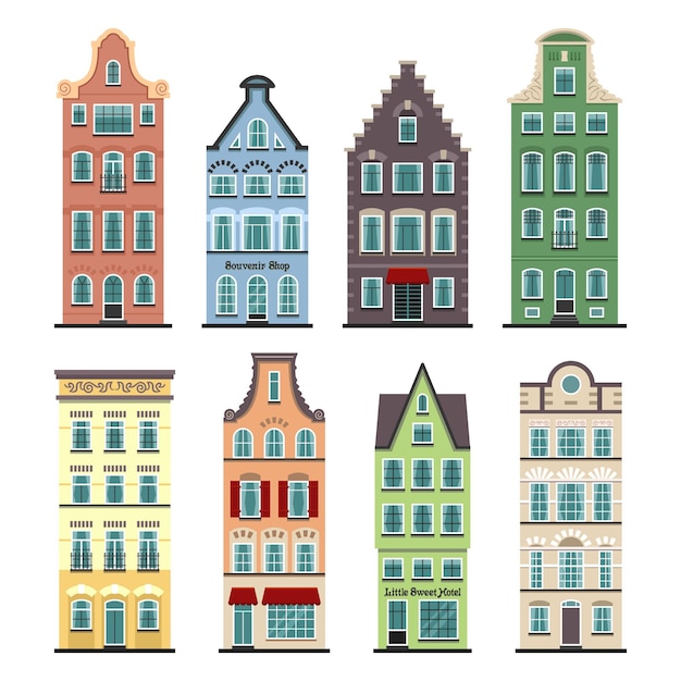 Set of 8 Amsterdam old houses cartoon facades. Traditional architecture of Netherlands.