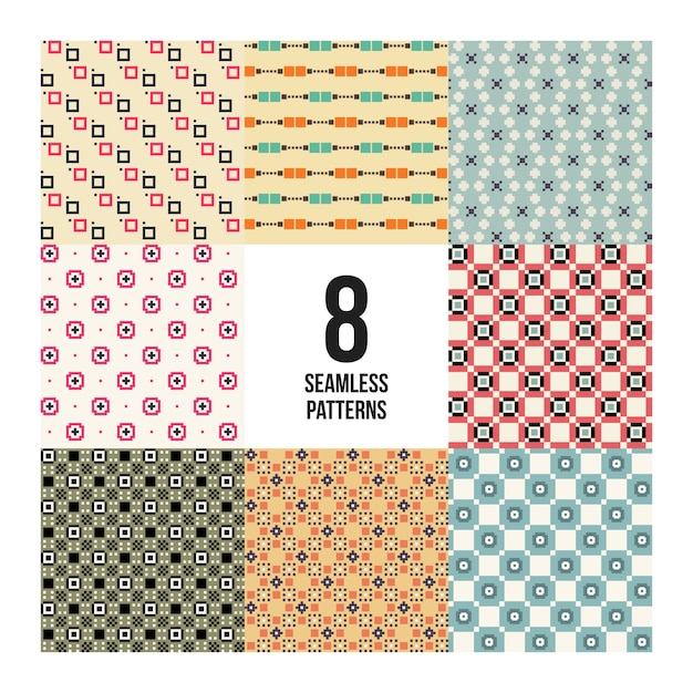 Set of 8 colorful pixelated patterns. Childish style. Useful for wrapping and textile design.