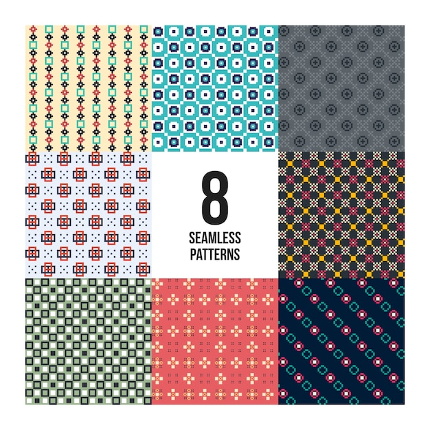 Set of 8 colorful pixelated patterns. Childish style. Useful for wrapping and textile design.