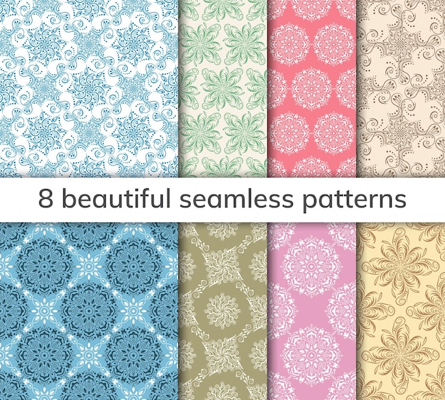 Set of 8 patterns Collection arabic indian japanese islamic motifs Mandala seamless pattern