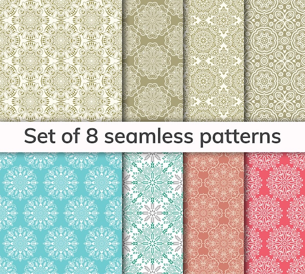 Set of 8 patterns Collection arabic indian japanese islamic motifs Mandala seamless pattern