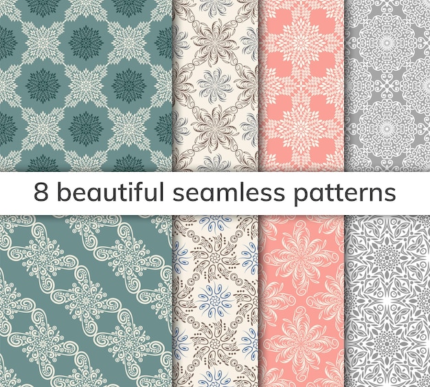 Set of 8 patterns Collection arabic indian japanese islamic motifs Mandala seamless pattern