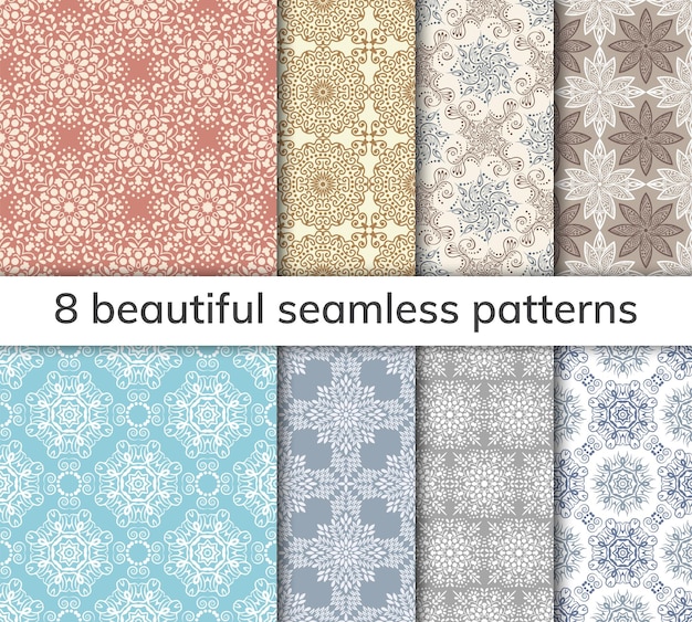 Set of 8 patterns Collection arabic indian japanese islamic motifs Mandala seamless pattern