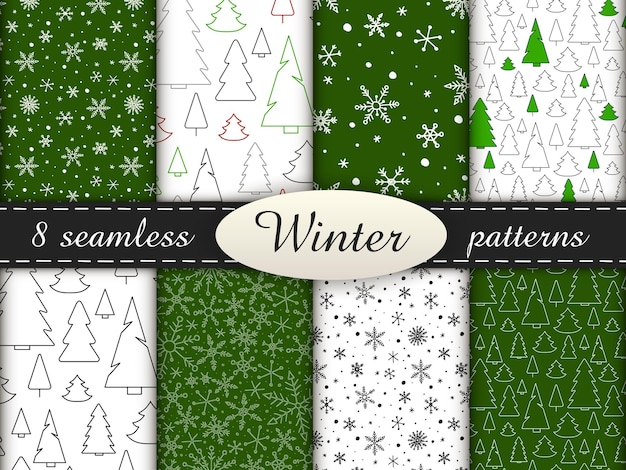 Set of 8 simple seamless patterns. Colored winter endless backgrounds with snowflakes and Christmas Trees. Green and white vector illustration.