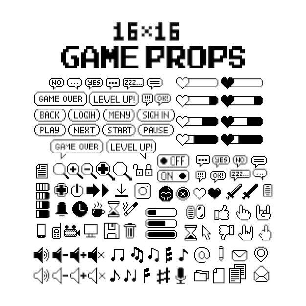 Set of 8bit pixel graphics icons Isolated vector illustration Game art black and white image