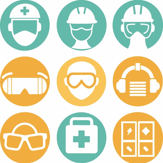 Set of 9 circular icons depicting safety gear