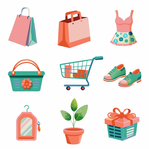 Set of 9 colorful flat vector illustrations of shopping related items bag basket cart gift plant shoes dress hanger