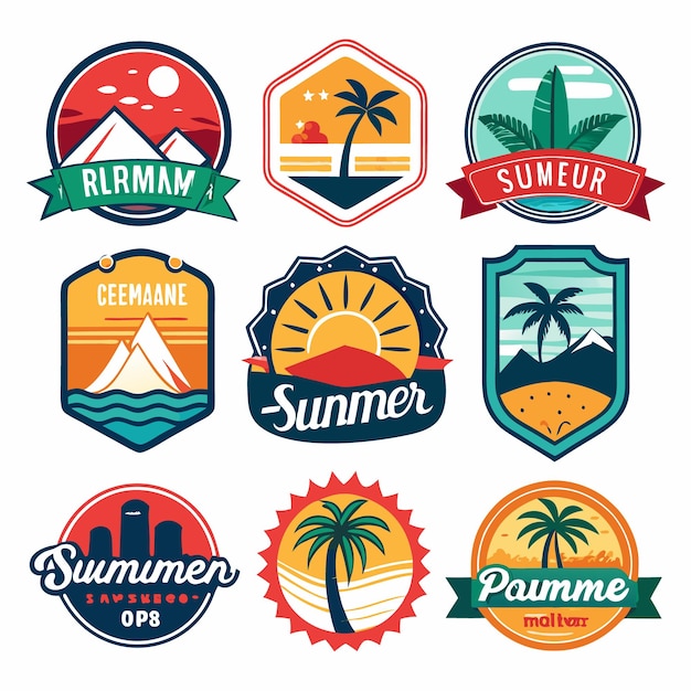 Set of 9 colorful summer themed badges with palm trees mountains and sun