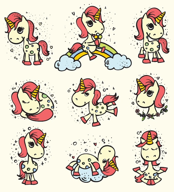 Set of 9 cute doodle magic unicorns for kid's greeting card design tshirt print poster