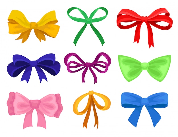 Set of 9 different bows made of bright ribbons. Decorative graphic elements for poster, flyer or gift coupon. Cartoon style illustrations. Colorful     on white background.