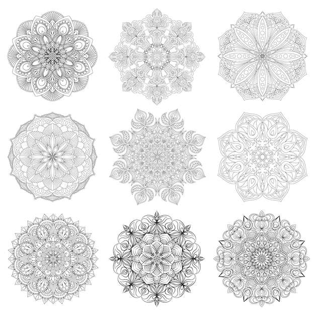 Set of 9 hand-drawn vector Arabic mandala on white background. Ethnic decoration