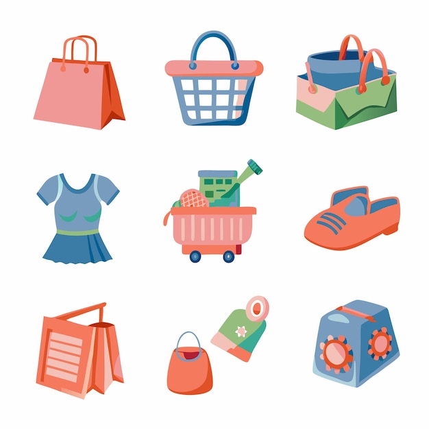 Set of 9 HandDrawn Illustrations of Various Shopping Items