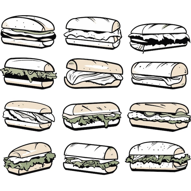 Vector set of 9 handdrawn sandwich illustrations perfect for menus food blogs or recipe websites