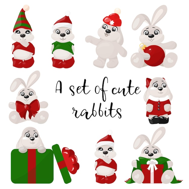 A set of 9 rabbits with Christmas toys and elf hats. Cartoon. Cute rabbit. Children's illustration. new year's illustration