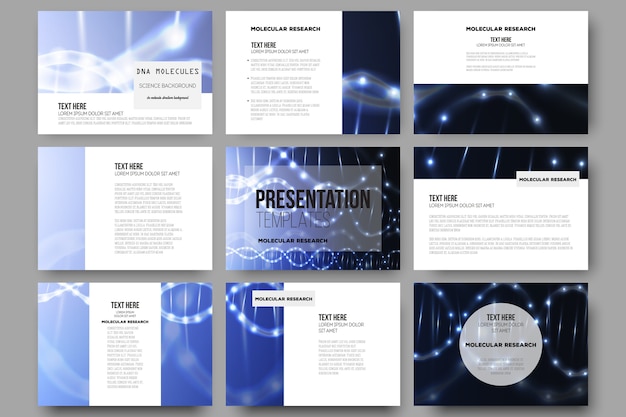 Set of 9 templates for presentation slides. DNA molecule structure on dark background.