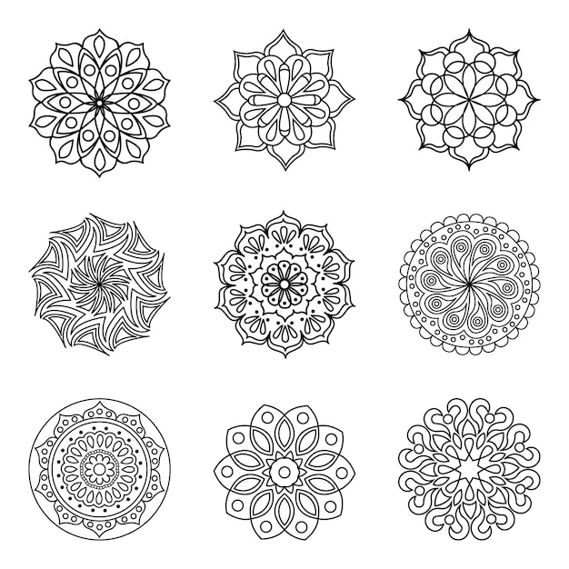 Set of 9 vector mandala contours. Isolated round patterns for coloring. Coloring pages.