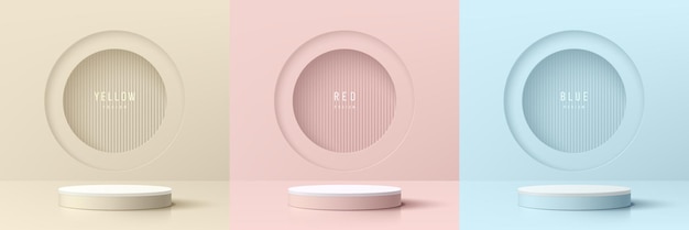 Set of abstract 3D background with beige blue pink cylinder podium Vertical pattern in circle scene