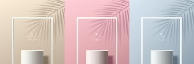 Set of abstract 3d background with cylinder podium in beige blue pink Square frames Palm leaf shadow