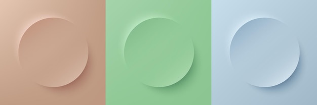 Set of abstract 3d beige light green and blue pastel color circle frame for product display